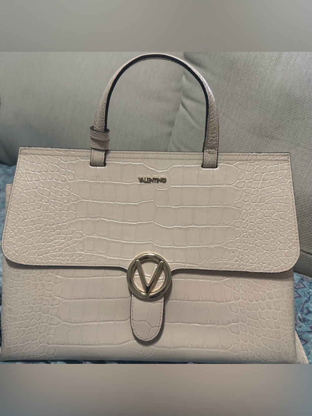 Valentino By Mario Valentino Cream Croc-Embossed Satchel with Gold V Logo. New